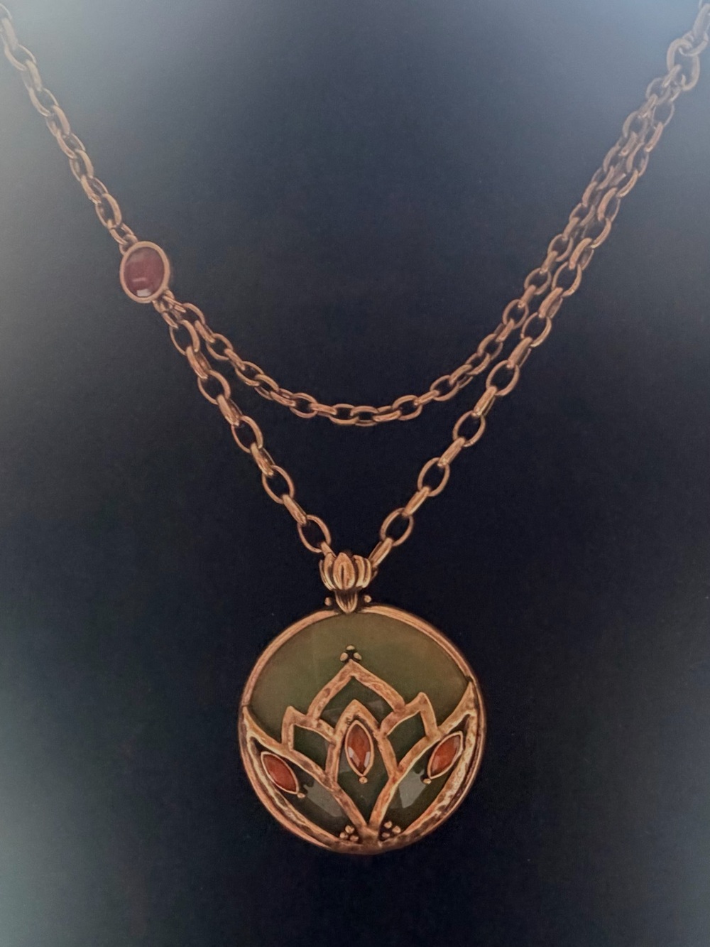 Lucky Brand Green Glass Lotus Pendant Necklace with Red-Tone Accents
